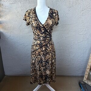 Connected Apparel Dress Womens Size 6 Black Beige Floral Print Cap Sleeve Midi